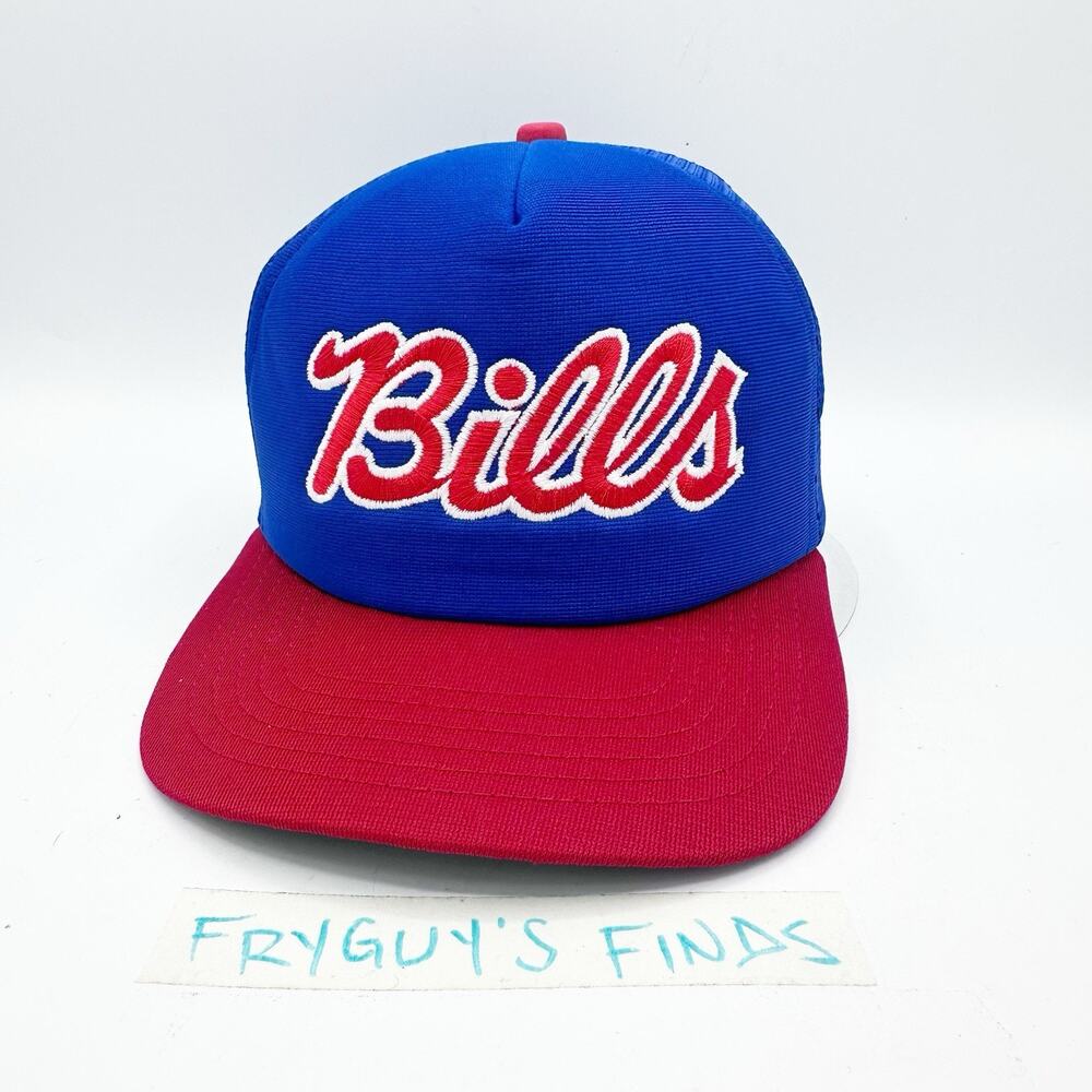 Vintage New Era Buffalo Bills Trucker Hat Cap Snapback Blue Red NFL USA 80s EUC